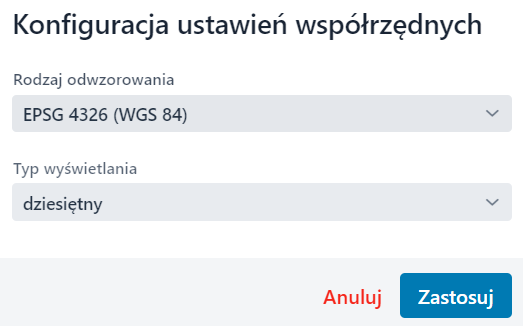Okno konfiguracji ustawień współrzędnych 