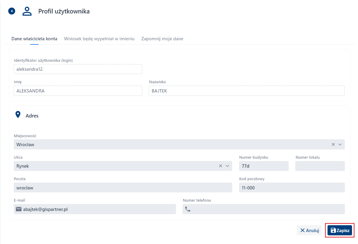 Profil Użytkownika - Dane właściciela konta – Edycja