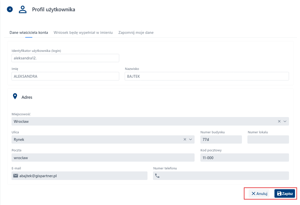 Profil Użytkownika - Dane właściciela konta - Zapis danych