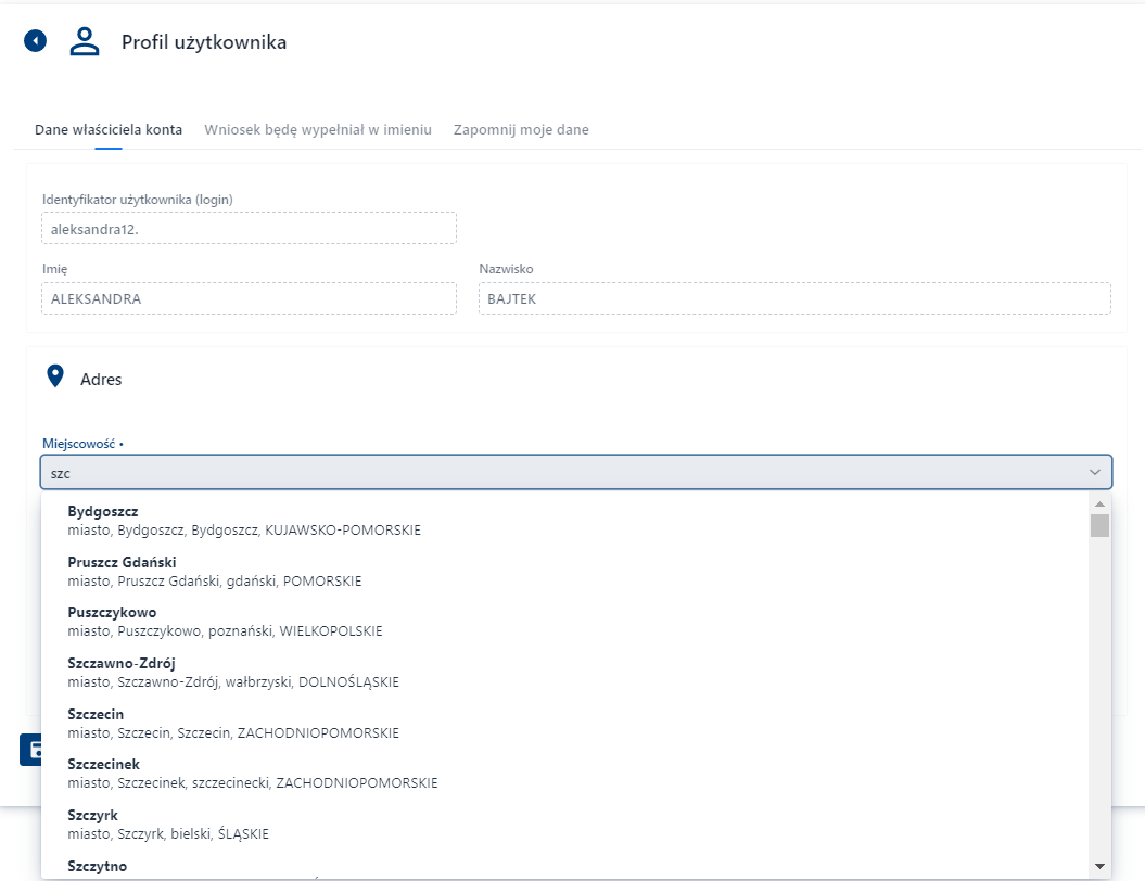 Profil Użytkownika - Dane właściciela konta - Lista rozwijalna