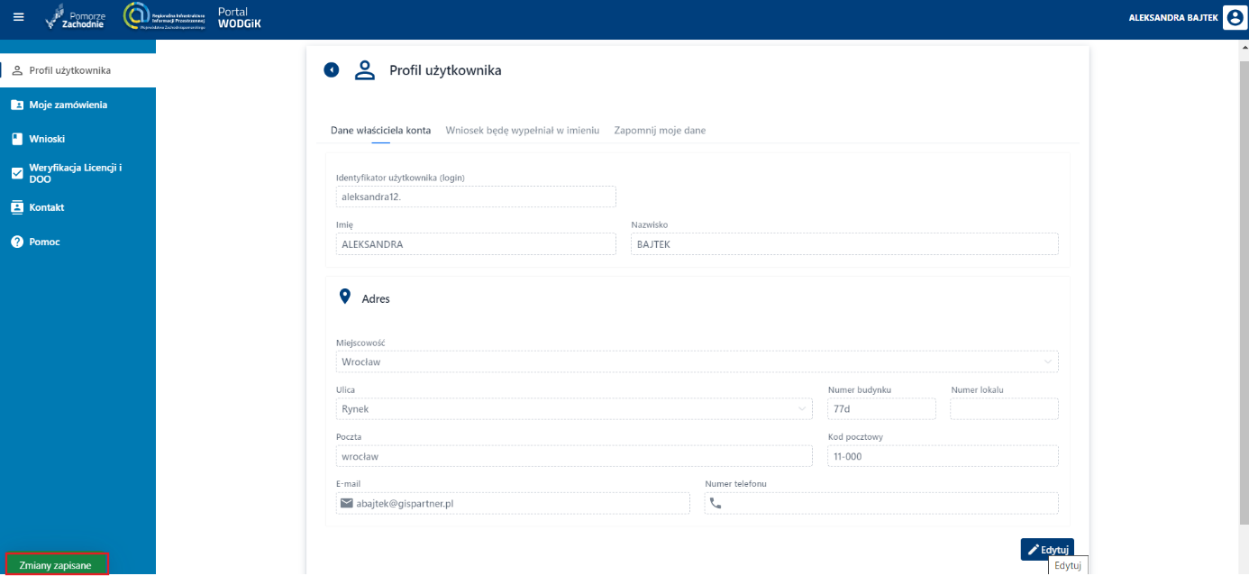 Profil Użytkownika - Dane właściciela konta - Komunikat po zapisie