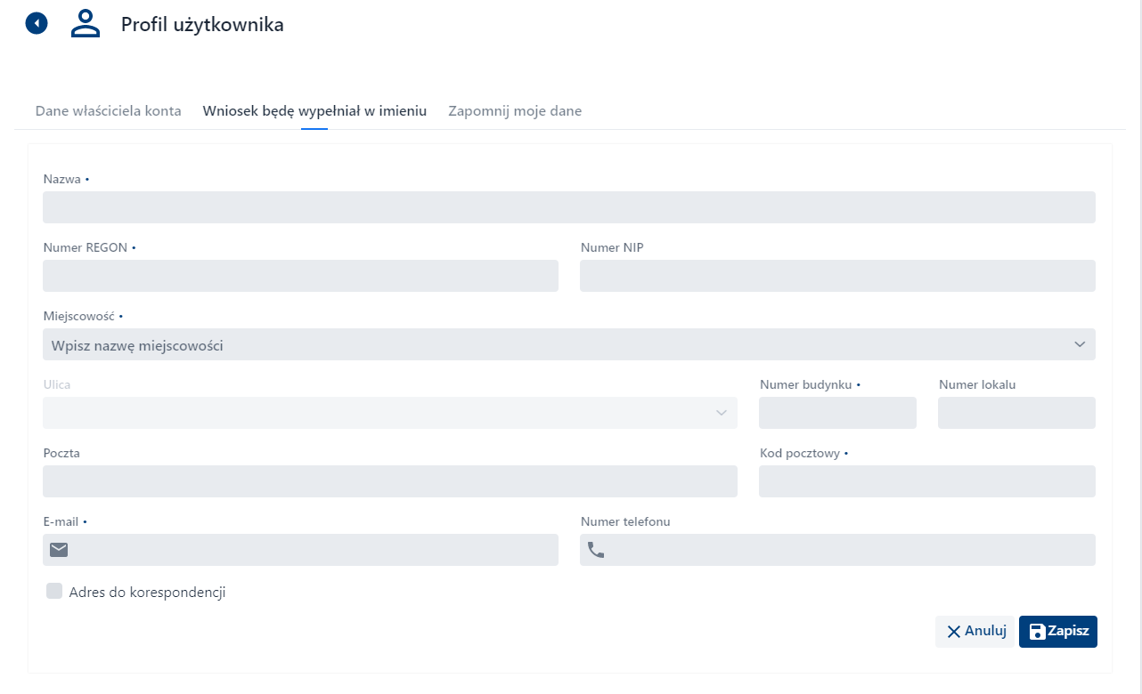 Profil Użytkownika - Wniosek będę wypełniał w imieniu - formularz dodawania podmiotu