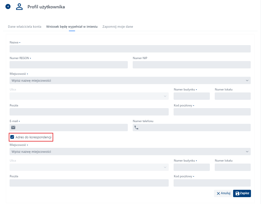 Profil Użytkownika - Wniosek będę wypełniał w imieniu - adres do korespondencji