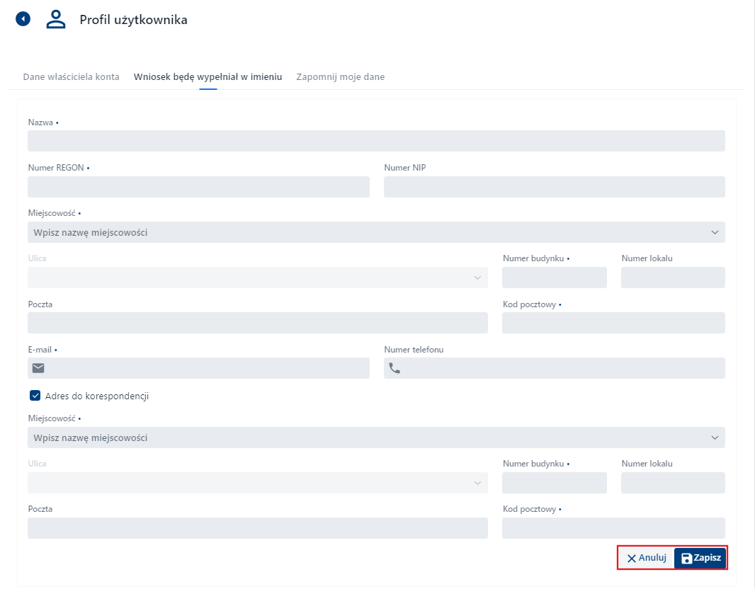 Profil Użytkownika - Wniosek będę wypełniał w imieniu - przyciski funkcyjne