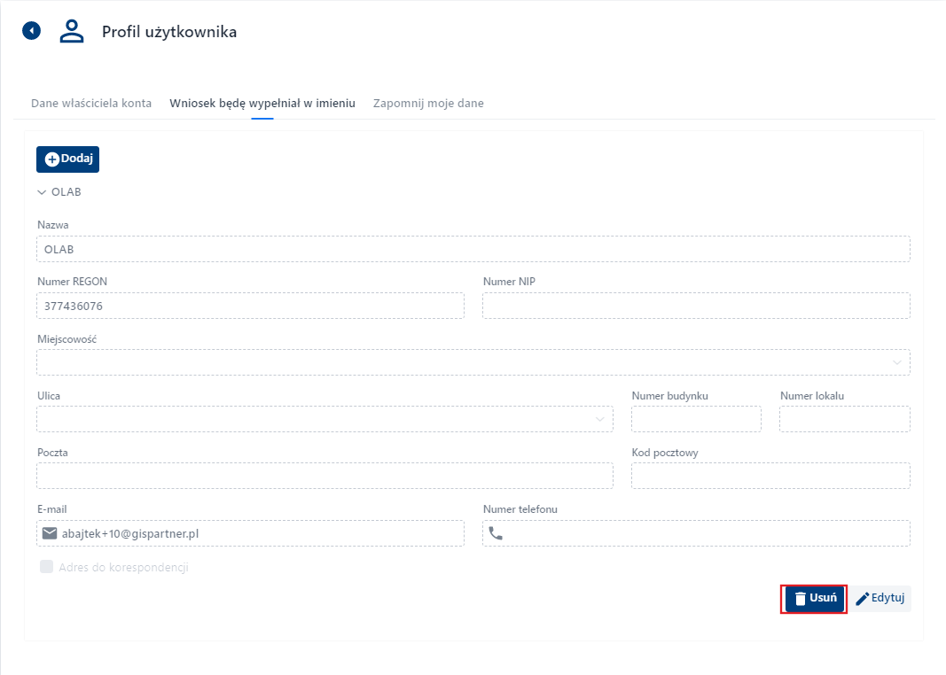 Profil Użytkownika - Wniosek będę wypełniał w imieniu - usuwanie podmiotu