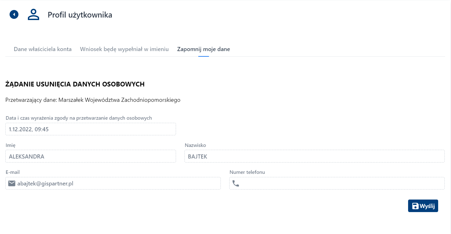 Profil Użytkownika - Zapomnij moje dane