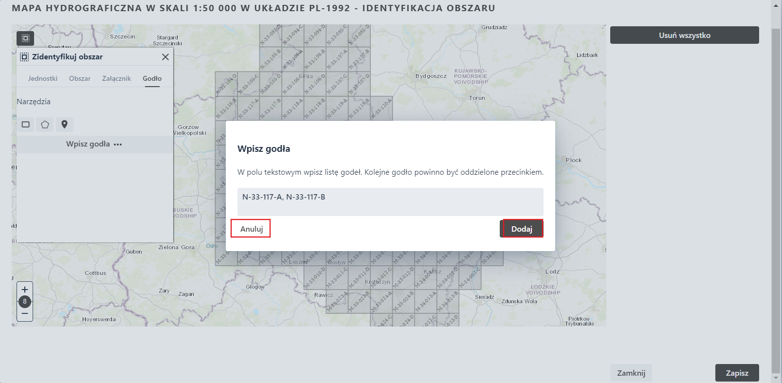 Zidentyfikuj obszar – zakładka Godło - zatwierdzanie/anulowanie wpisanych godeł Zidentyfikuj obszar – zakładka Godło - zatwierdzanie/anulowanie wpisanych godeł