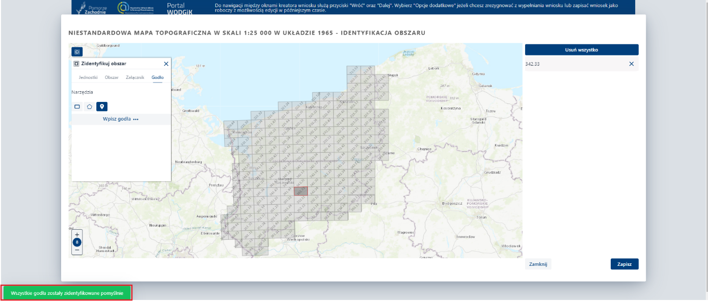 Zidentyfikuj obszar – zakładka Godło - komunikat o pomyślnym zidentyfikowaniu godeł Zidentyfikuj obszar – zakładka Godło - komunikat o pomyślnym zidentyfikowaniu godeł