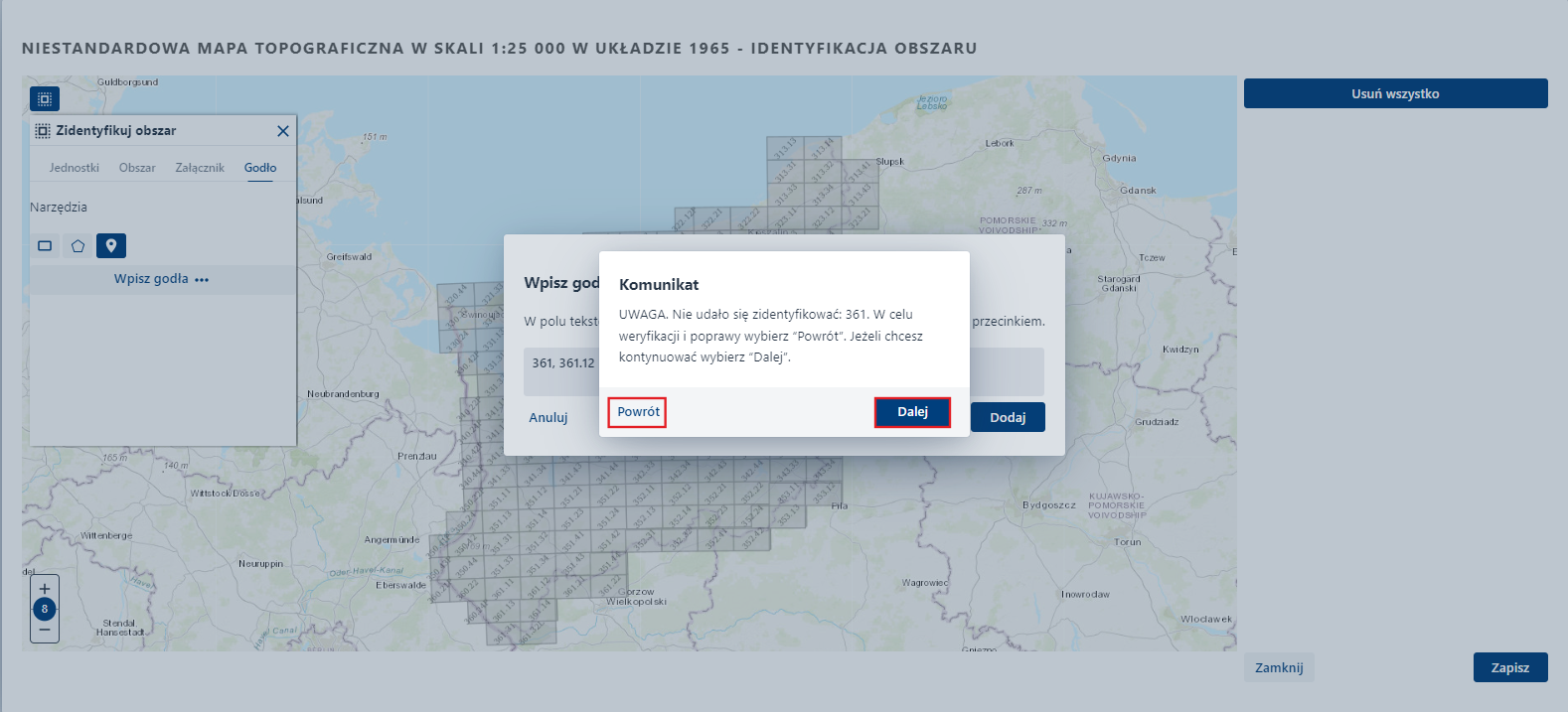Zidentyfikuj obszar – zakładka Godło - komunikat o braku wpisanego godła Zidentyfikuj obszar – zakładka Godło - komunikat o braku wpisanego godła