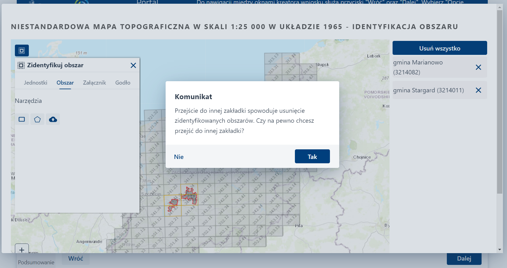 Zidentyfikuj obszar – komunikat przy zmianie zakładki Zidentyfikuj obszar – komunikat przy zmianie zakładki