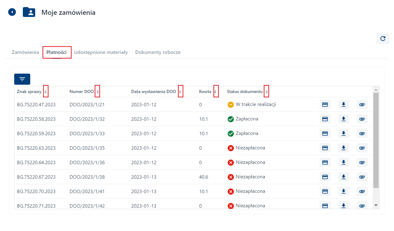 Płatności - Sortowanie poszczególnych kolumn Płatności - Sortowanie poszczególnych kolumn