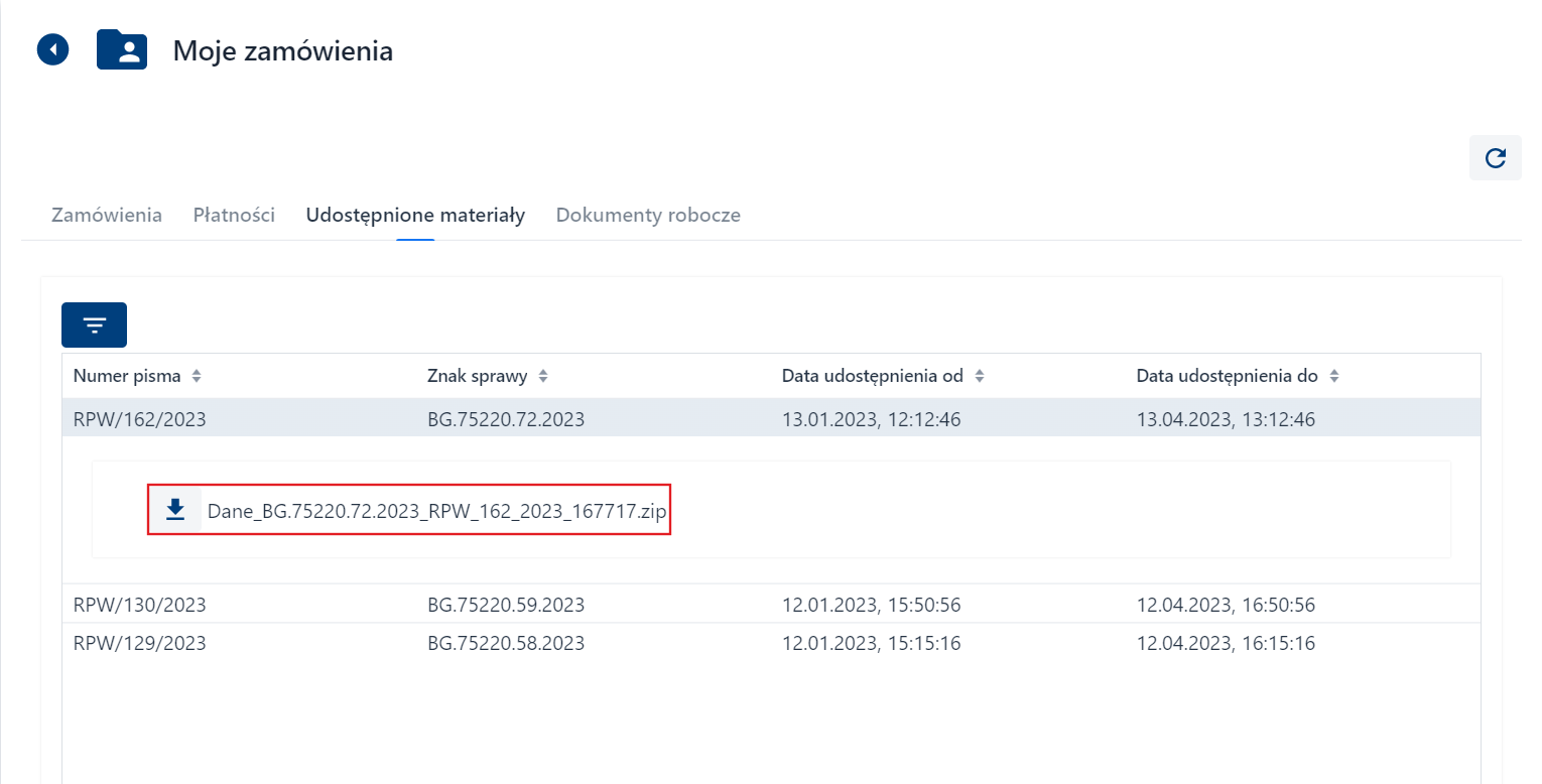 Moje zamówienia - udostępnione materiały - pobieranie danych Moje zamówienia - udostępnione materiały - pobieranie danych