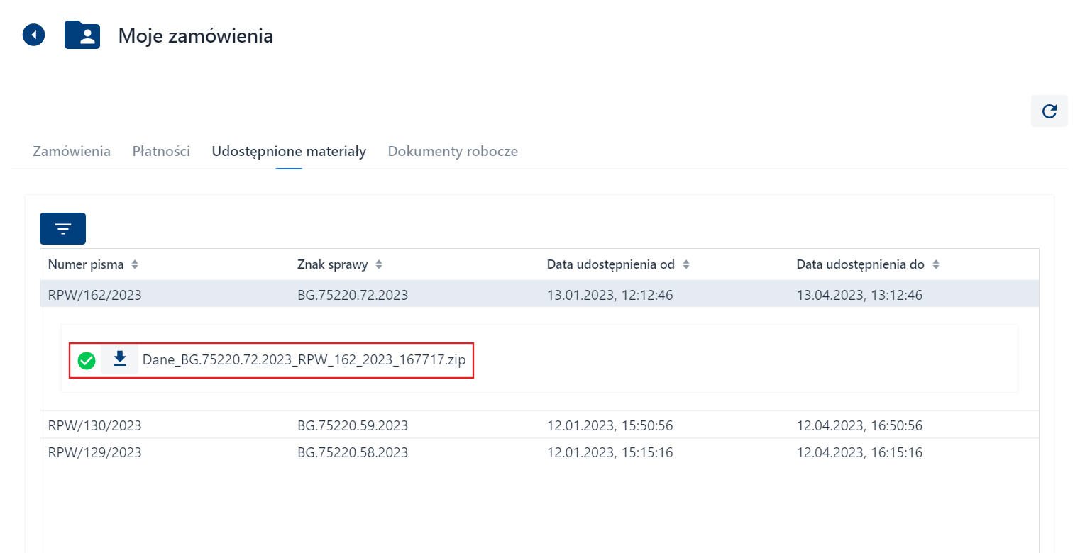 Moje zamówienia - udostępnione materiały - oznaczenie pobranych danych Moje zamówienia - udostępnione materiały - oznaczenie pobranych danych