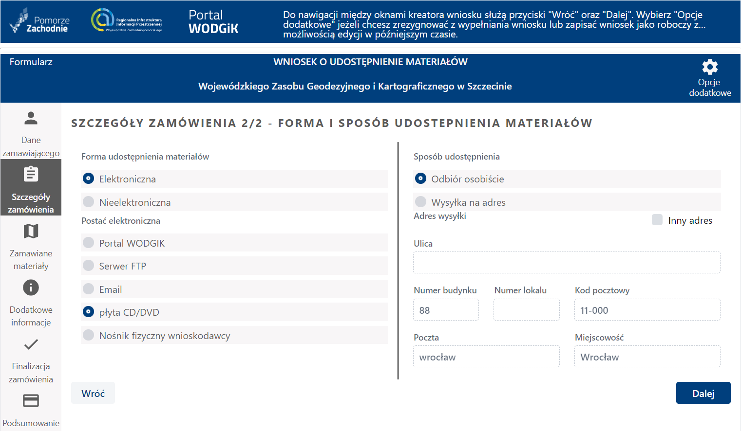 Formularz wniosku - etap Szczegóły zamówienia - opcje wybor Formularz wniosku - etap Szczegóły zamówienia - opcje wybor