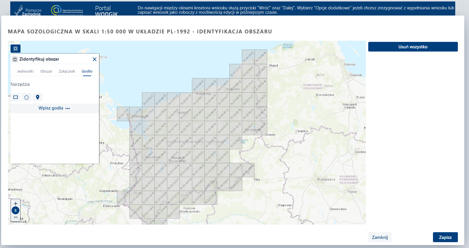Formularz wniosku - etap Zamawiane materiały – komunikat o braku wyboru formatu danych Formularz wniosku - etap Zamawiane materiały – komunikat o braku wyboru formatu danych