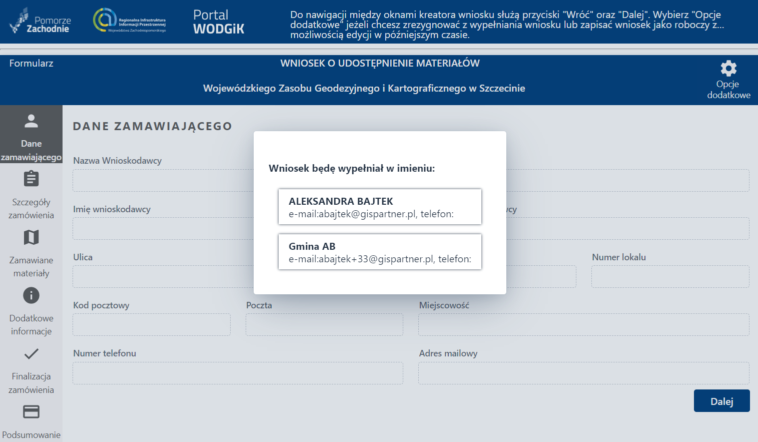 Formularz wniosku - etap Dane Zamawiającego Formularz wniosku - etap Dane Zamawiającego