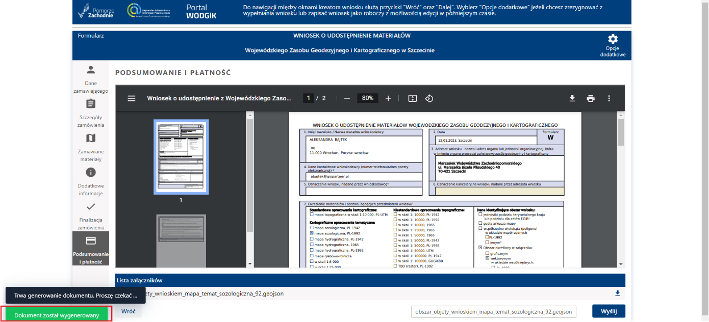 Formularz wniosku - etap Finalizacja zamówienia - generowanie wniosku Formularz wniosku - etap Finalizacja zamówienia - generowanie wniosku