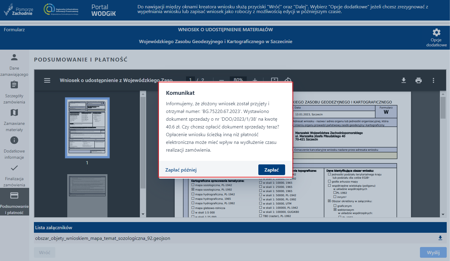 Formularz wniosku - etap Podsumowanie i płatność - wysyłanie wniosku Formularz wniosku - etap Podsumowanie i płatność - wysyłanie wniosku