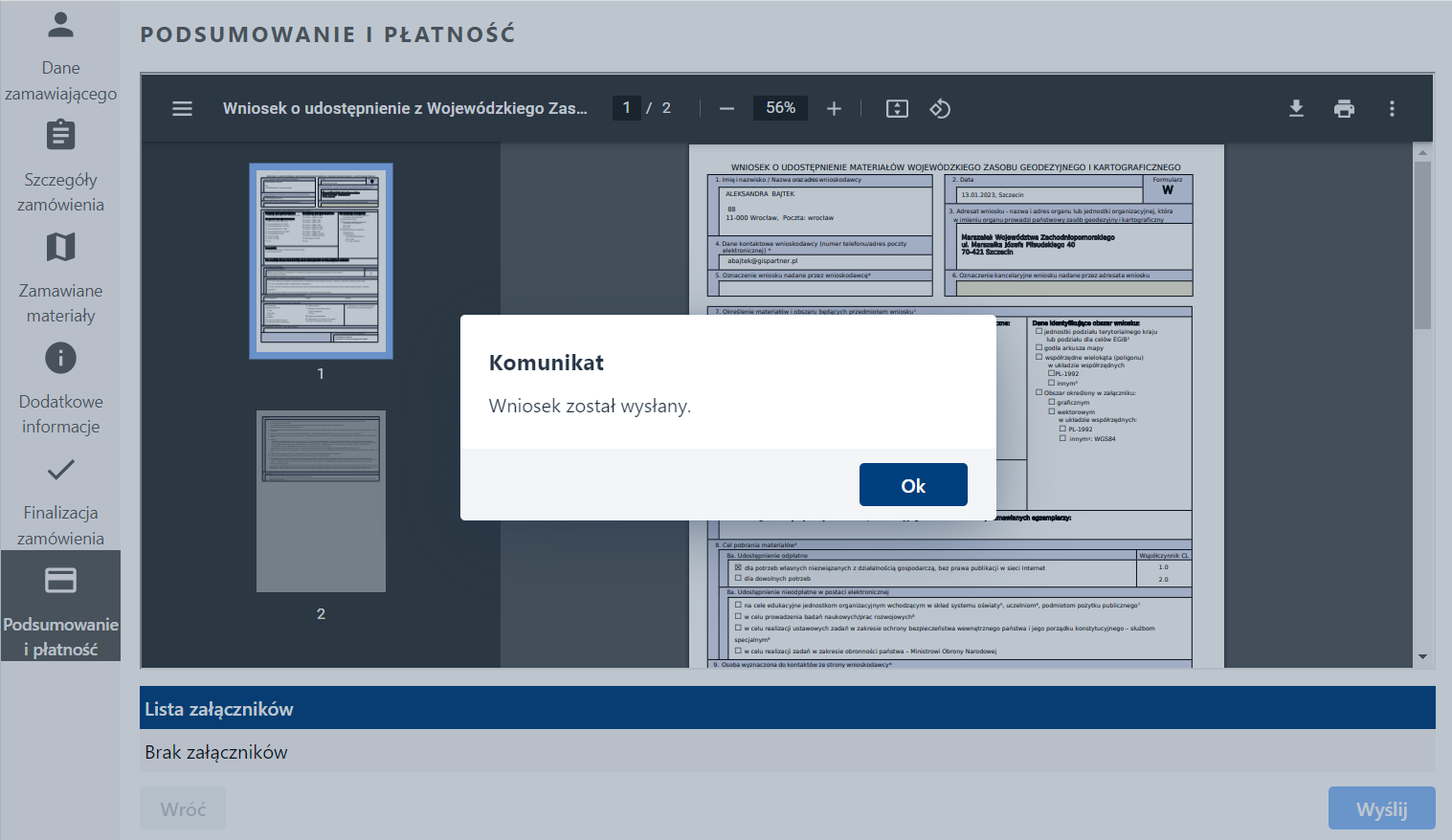 Formularz wniosku - etap Podsumowanie i płatność - komunikat o wysłaniu i płatności Formularz wniosku - etap Podsumowanie i płatność - komunikat o wysłaniu i płatności