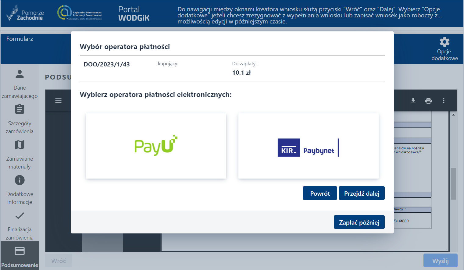 Formularz wniosku - etap Podsumowanie i płatność - komunikat o wysłaniu Formularz wniosku - etap Podsumowanie i płatność - komunikat o wysłaniu