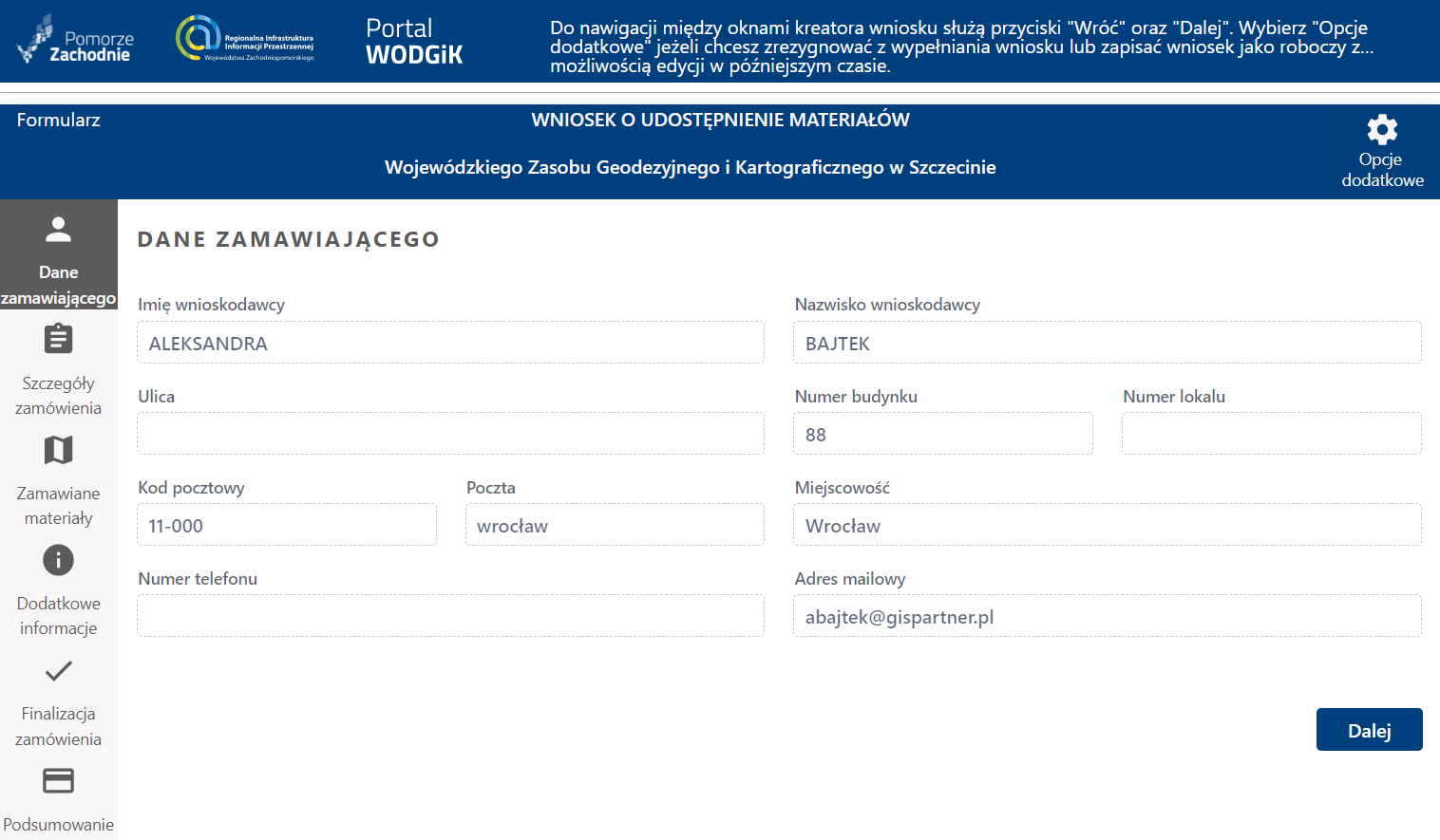 Formularz wniosku - etap Dane Zamawiającego - zaczytanie danych osoby fizycznej Formularz wniosku - etap Dane Zamawiającego - zaczytanie danych osoby fizycznej