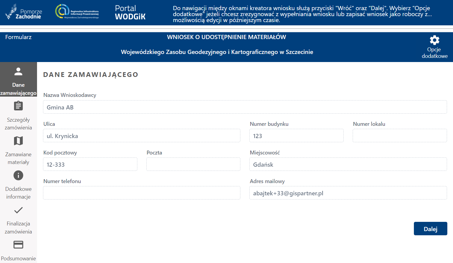 Formularz wniosku - etap Dane Zamawiającego - zaczytanie danych podmiotu Formularz wniosku - etap Dane Zamawiającego - zaczytanie danych podmiotu
