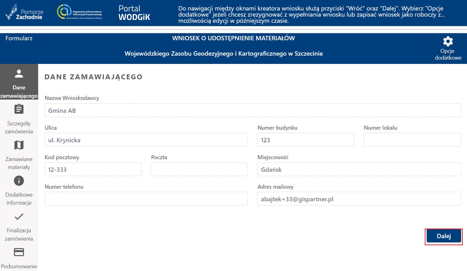 Formularz wniosku - etap Dane Zamawiającego - przejście dalej Formularz wniosku - etap Dane Zamawiającego - przejście dalej