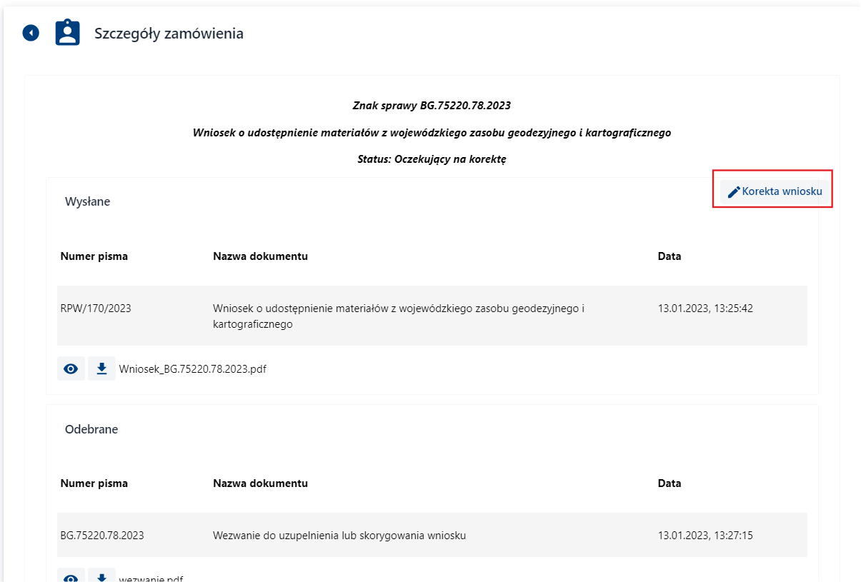 Szczegóły zamówienia - korekta wniosku Szczegóły zamówienia - korekta wniosku