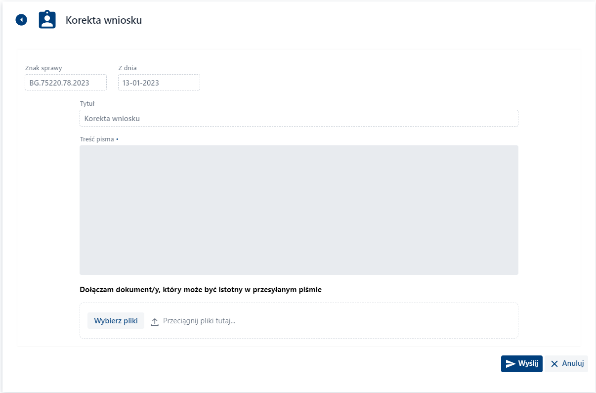 Korekta wniosku -treść pisma Korekta wniosku -treść pisma