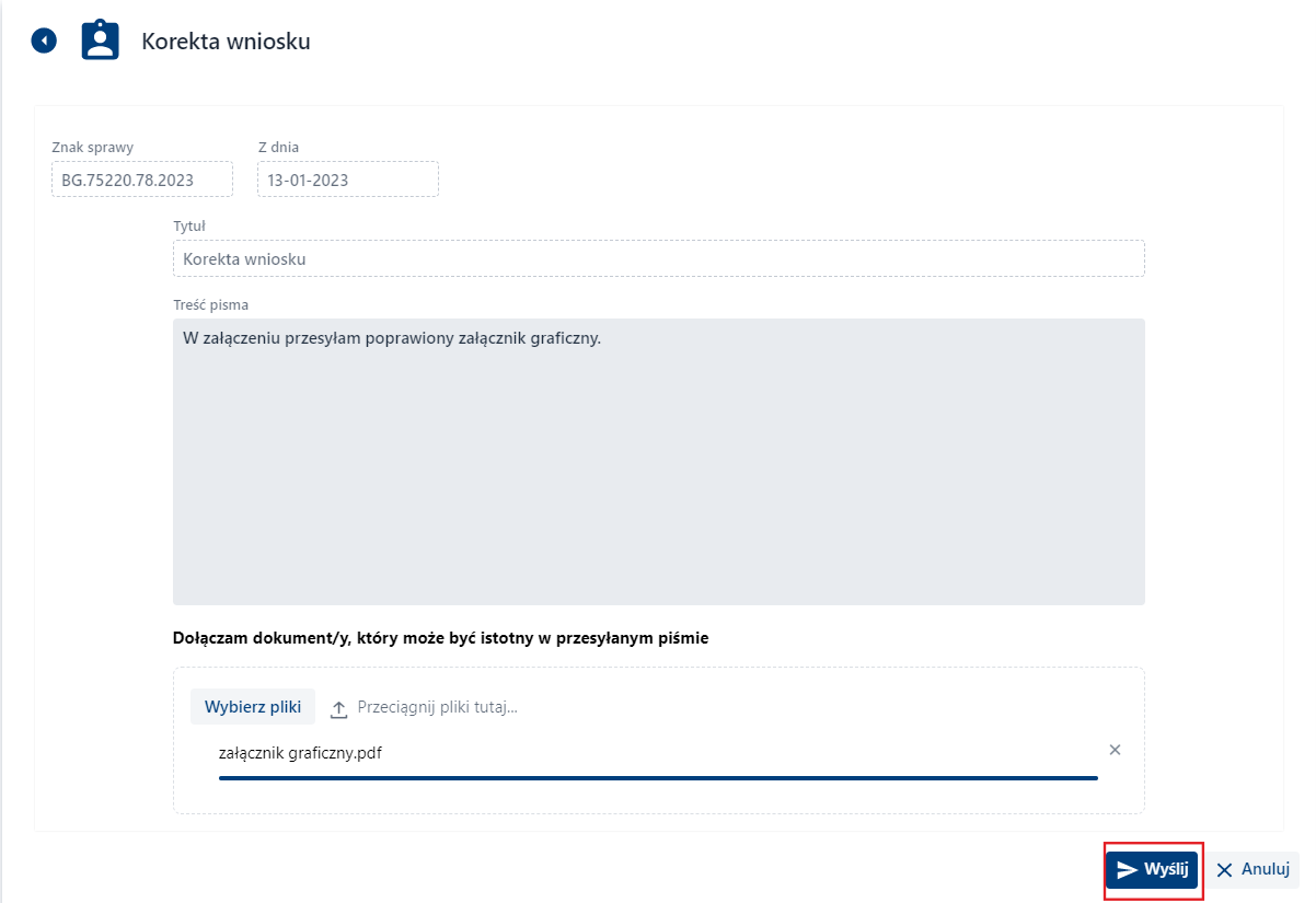 Korekta wniosku - wysyłanie korekty Korekta wniosku - wysyłanie korekty