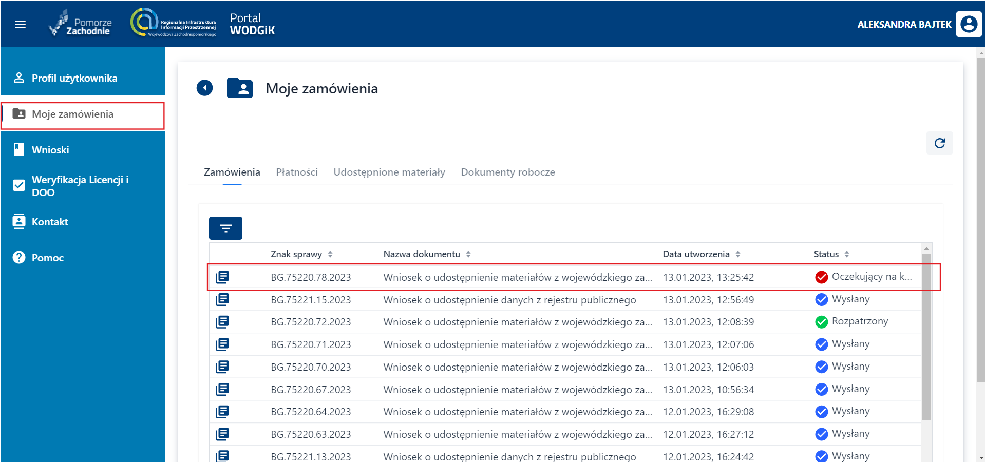 Moje zamówienia - Zamówienia - wniosek oczekujący na korektę Moje zamówienia - Zamówienia - wniosek oczekujący na korektę