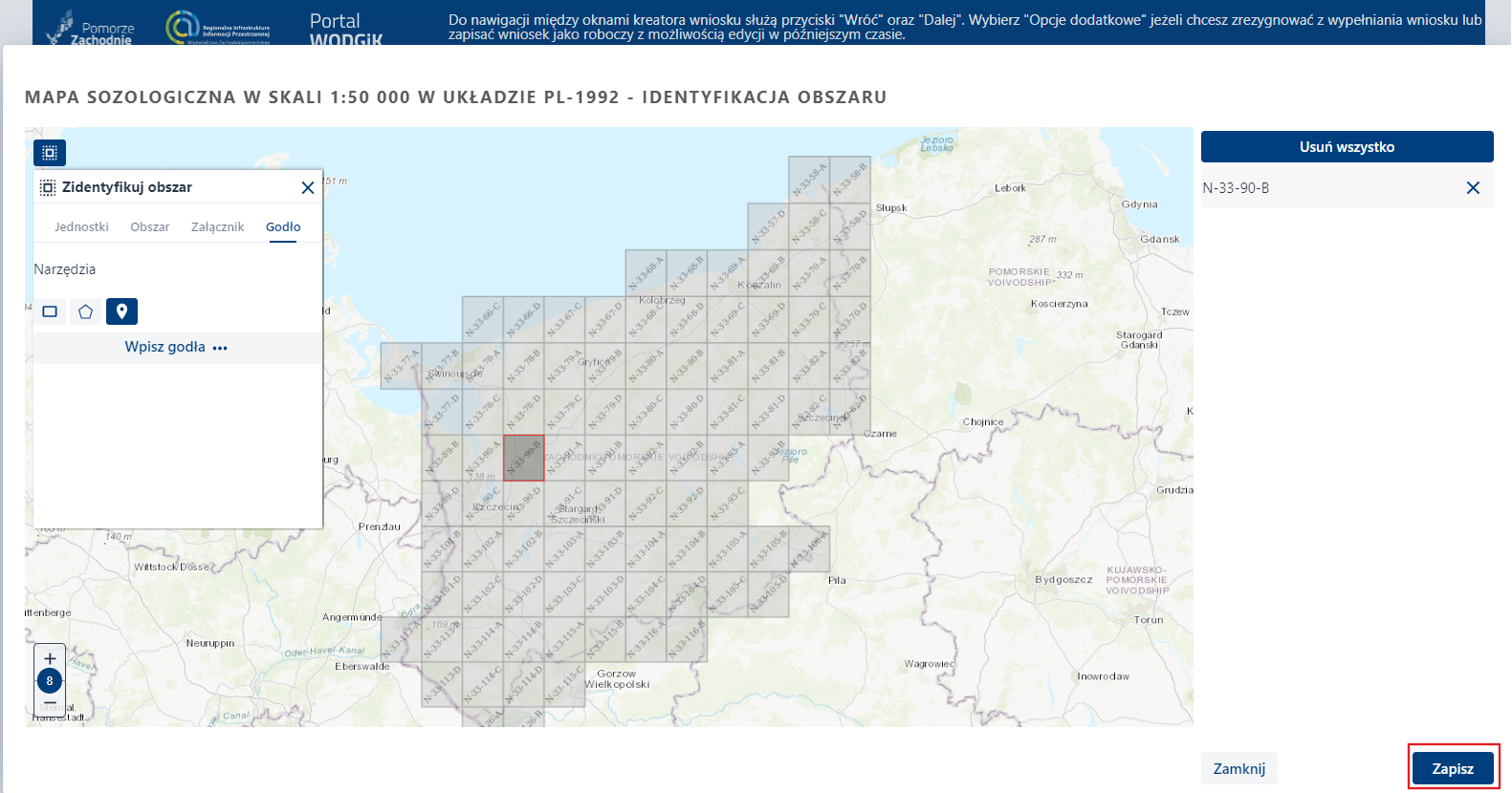 Okno mapowe - zapisanie wyników identyfikacji Okno mapowe - zapisanie wyników identyfikacji