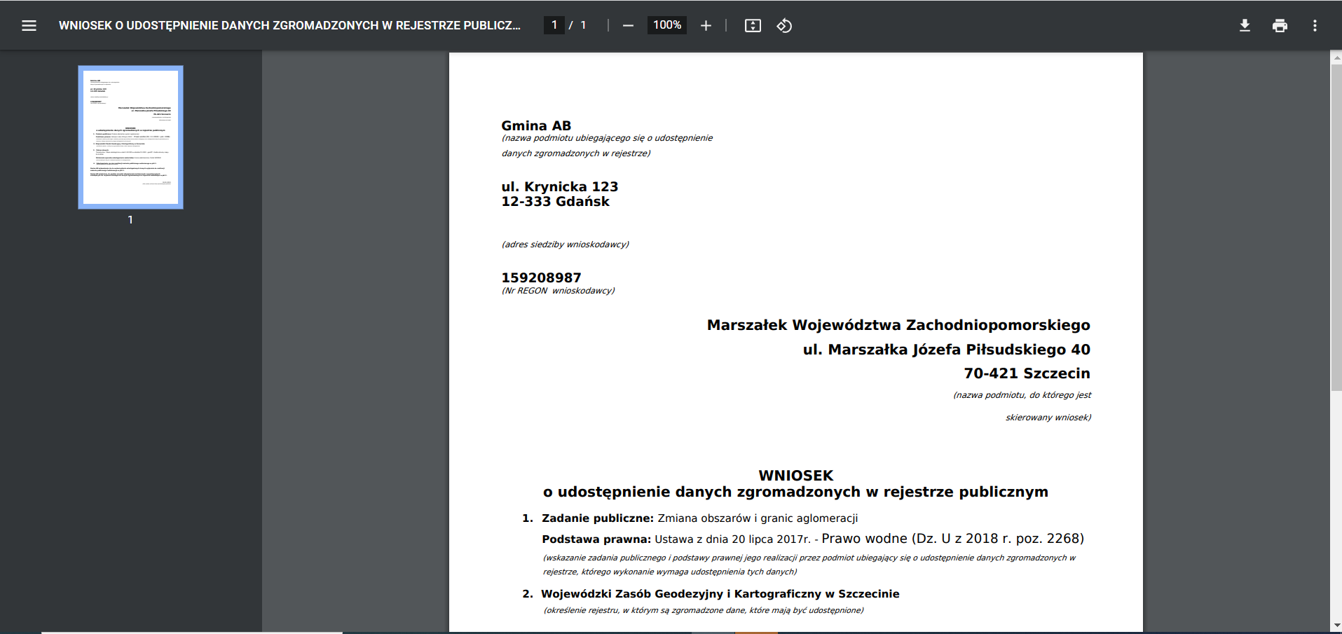 Wygląd wniosku na stronie przeglądarki internetowej Wygląd wniosku na stronie przeglądarki internetowej