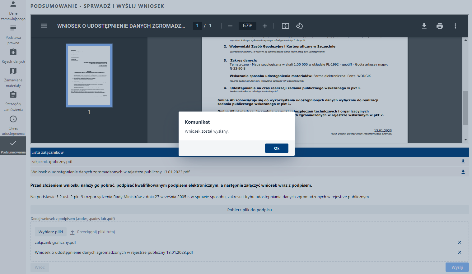 Komunikat o wysyłce wniosku Komunikat o wysyłce wniosku