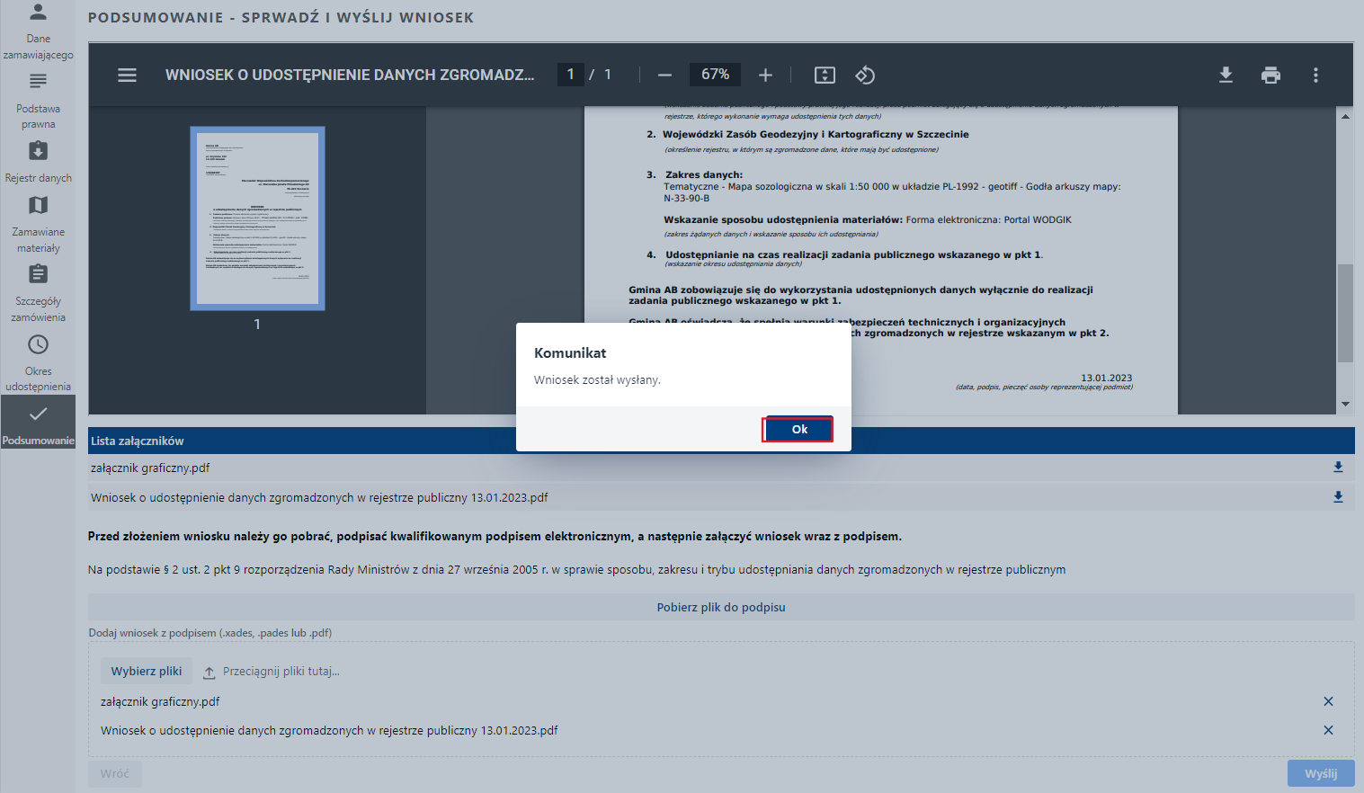 Zatwierdzenie komunikatu o wysyłce wniosku Zatwierdzenie komunikatu o wysyłce wniosku