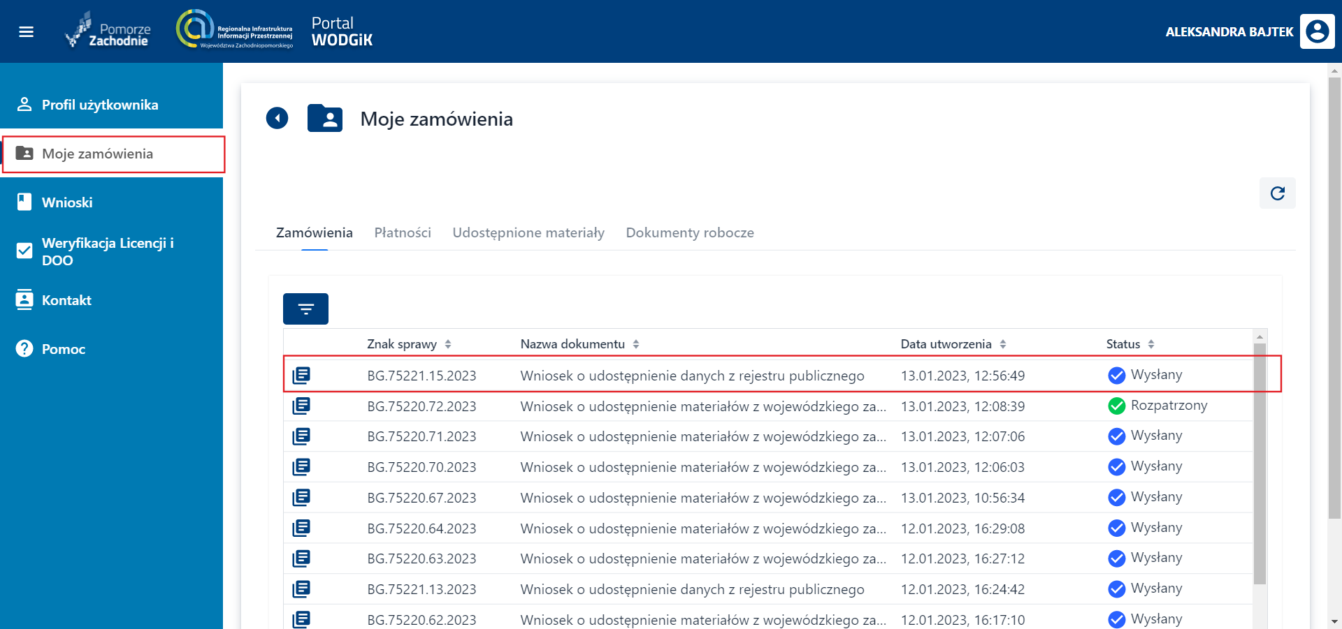Moje zamówienia - Zamówienia - sprawdzanie wysłanego wniosku na liście zamówień Moje zamówienia - Zamówienia - sprawdzanie wysłanego wniosku na liście zamówień