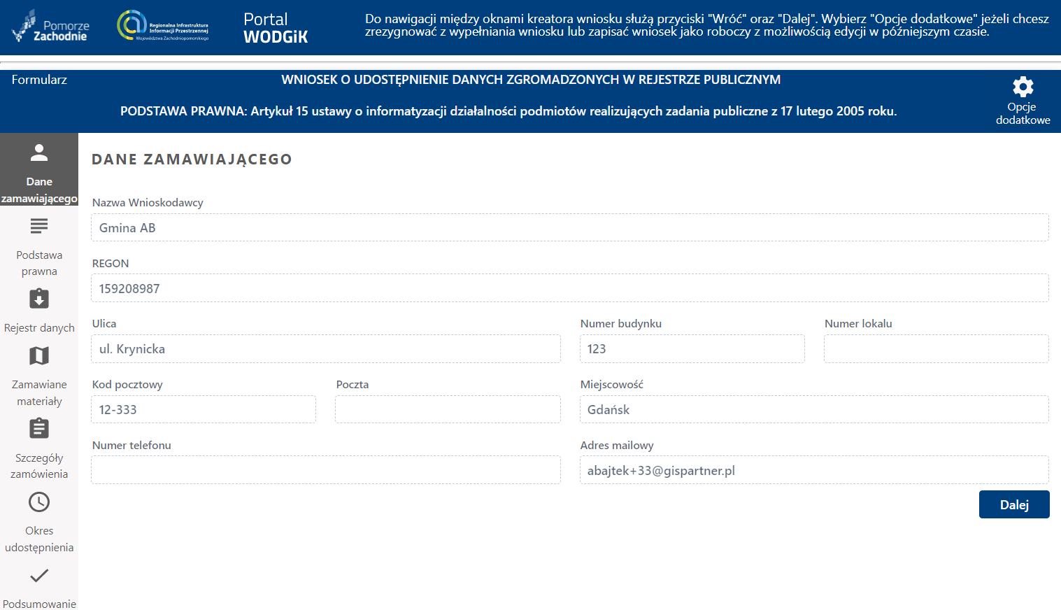 Formularz wniosku - Dane Zamawiającego - zaczytanie danych instytucji Formularz wniosku - Dane Zamawiającego - zaczytanie danych instytucji