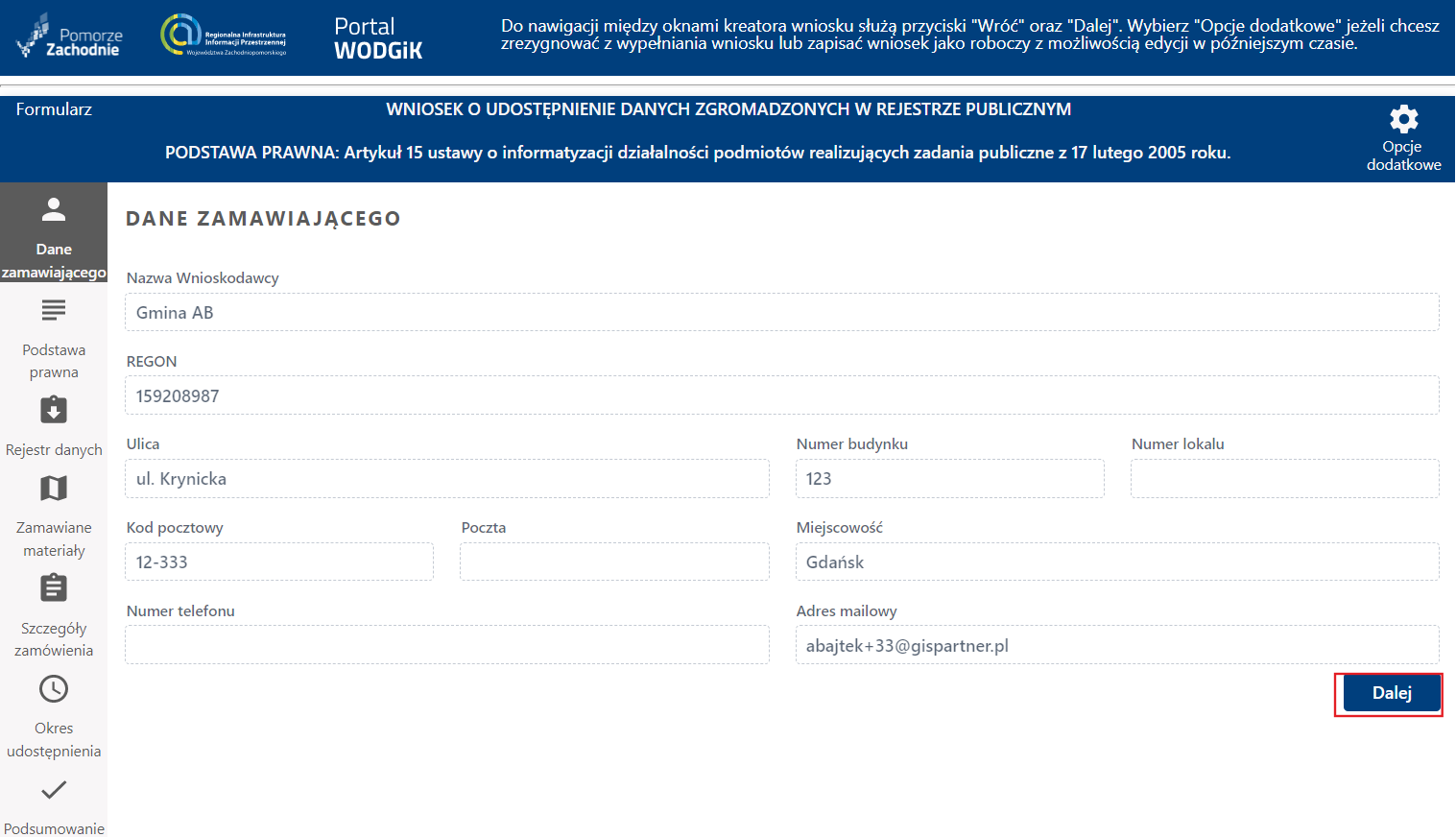 Formularz wniosku - Dane Zamawiającego Formularz wniosku - Dane Zamawiającego