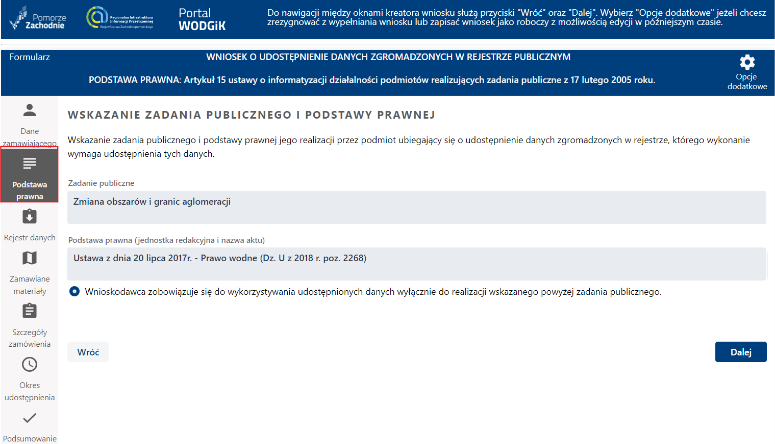 Formularz wniosku - etap Podstawa prawna Formularz wniosku - etap Podstawa prawna