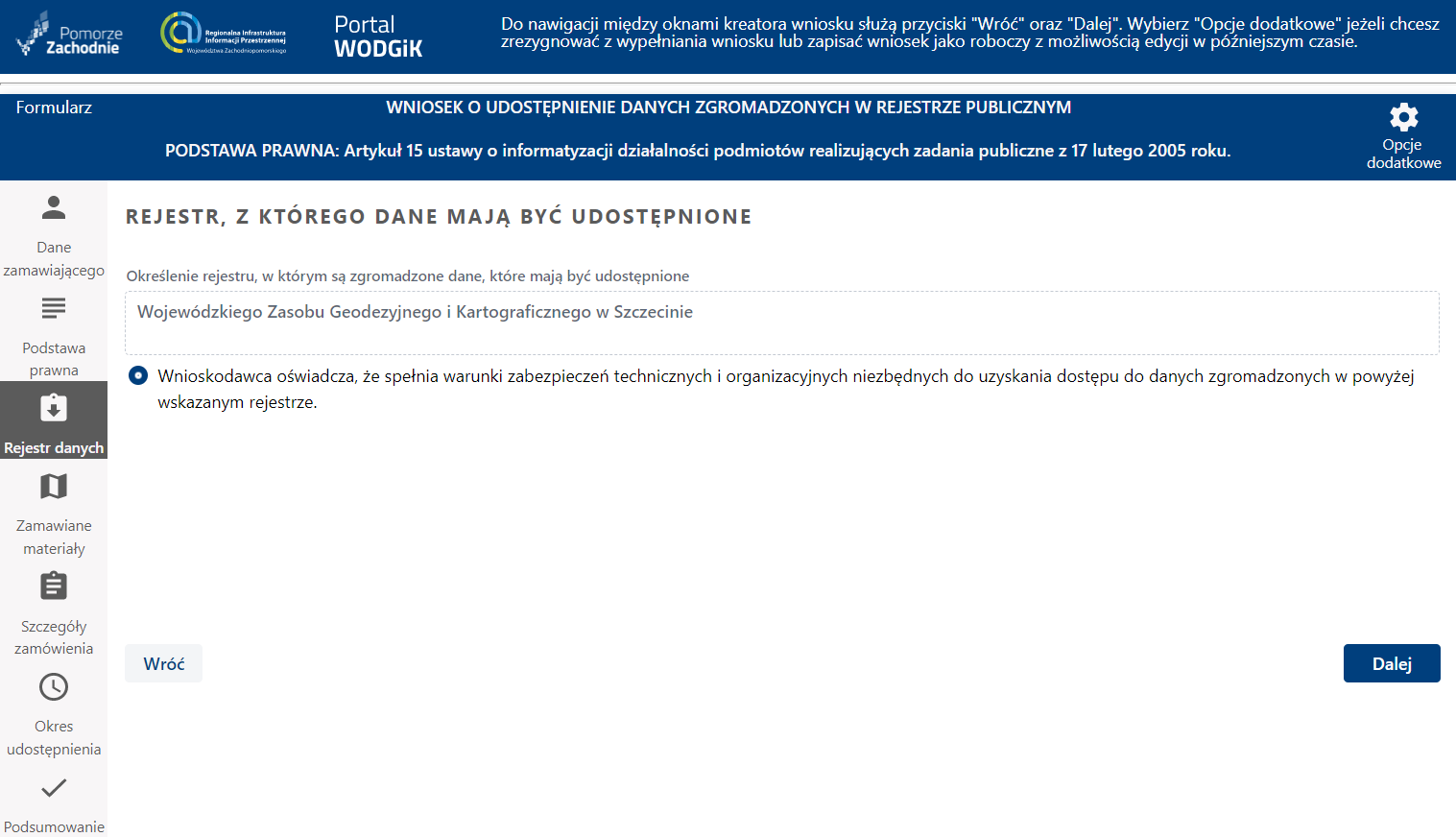 Formularz wniosku - etap Rejestr danych Formularz wniosku - etap Rejestr danych