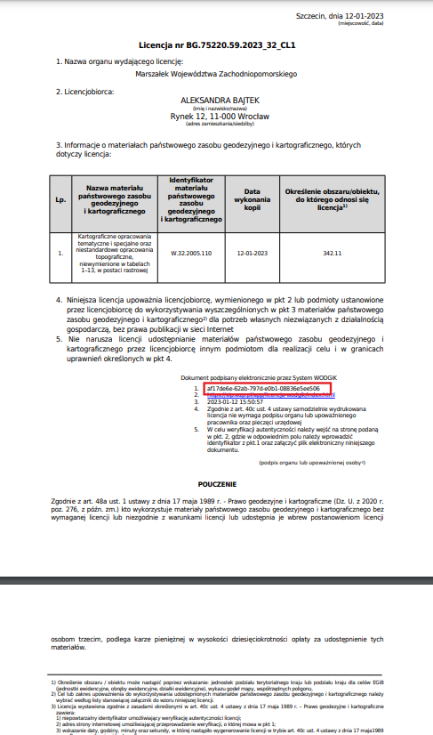 Numer identyfikacyjny na Licencji Numer identyfikacyjny na Licencji