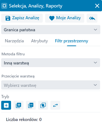 Zakładka ‘Filtr przestrzenny’ – Selekcja, Analizy, Raporty