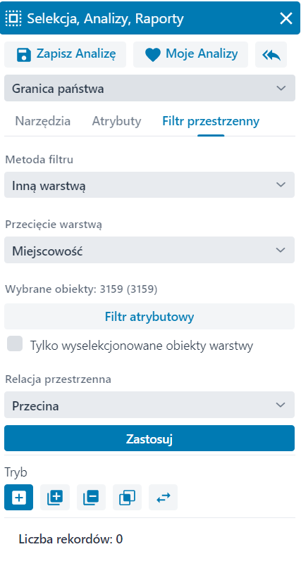 Rozszerzenie okna ‘Filtr przestrzenny’ – Selekcja, Analizy, Raporty