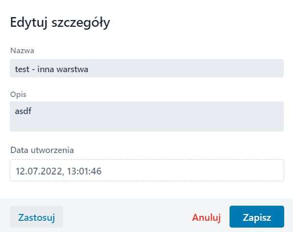 Okno edycji szczegółów wybranej analizy
