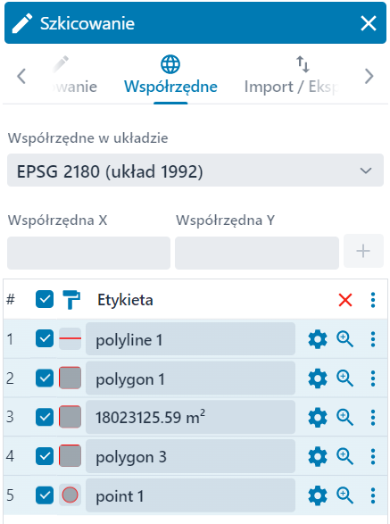 Okno zakładki ‘Współrzędne’ – Szkicowanie