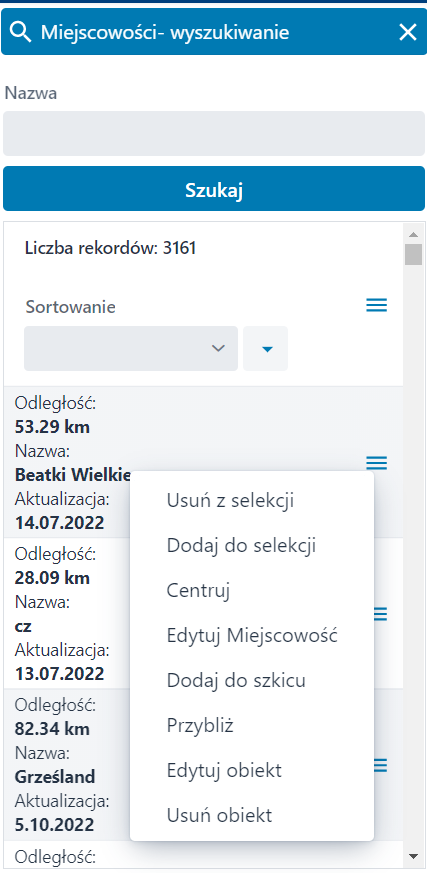 Akcje na obiekcie – Wyszukiwanie