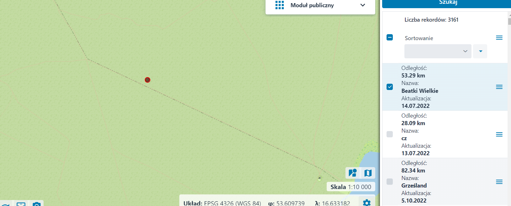 Zaznaczenie wybranego obiektu w wyszukiwarce