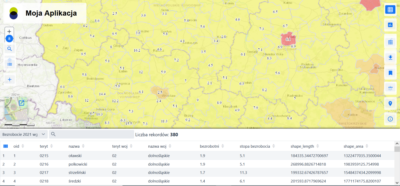 Tabela atrybutów dla aktywnej warstwy