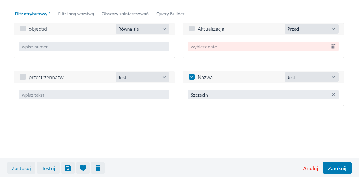 Zakładka ‘Filtr atrybutowy’ – Tabela