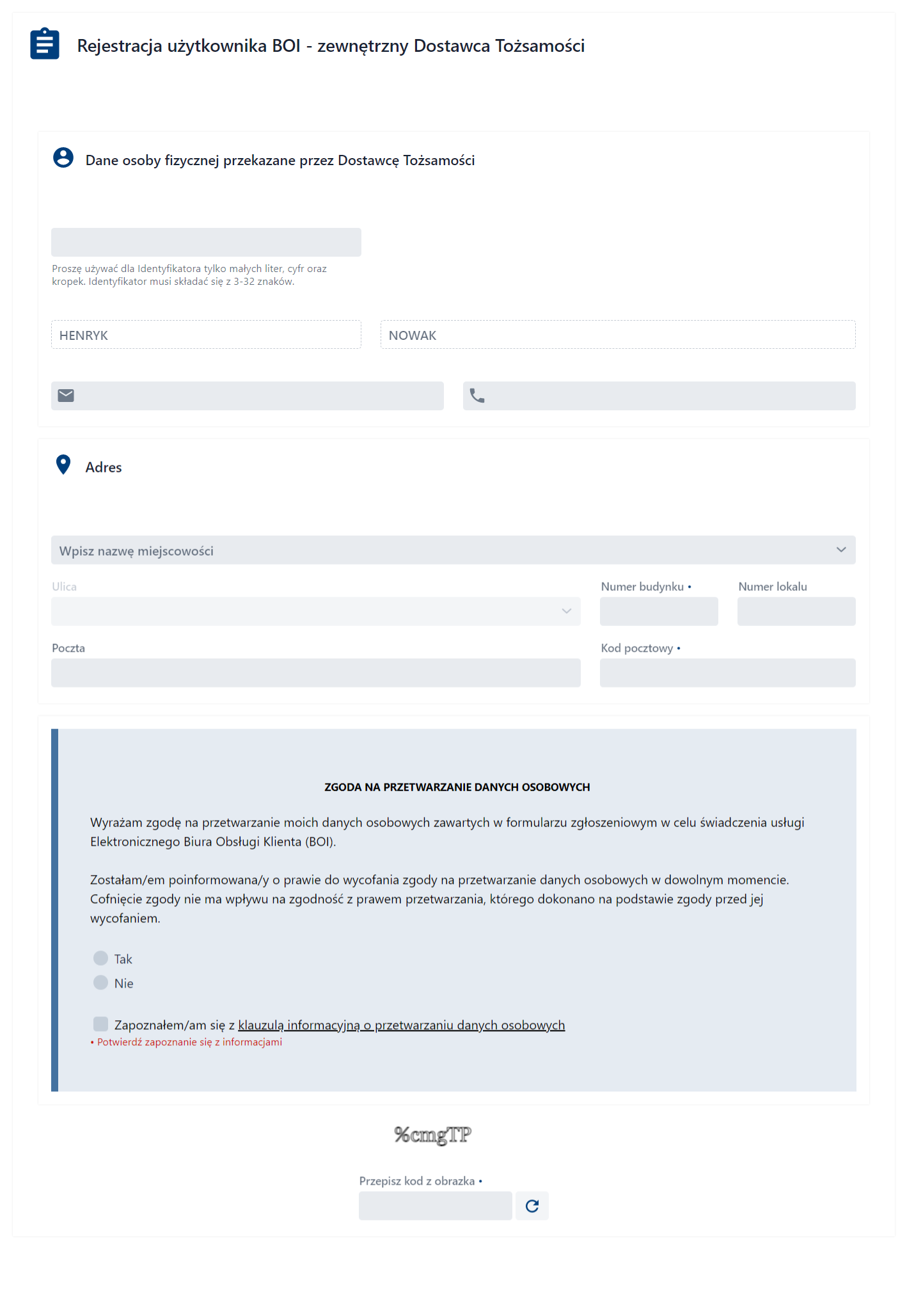 Formularz rejestracji Użytkownika – Rejestracja Użytkownika BOI na podstawie danych z KWIE